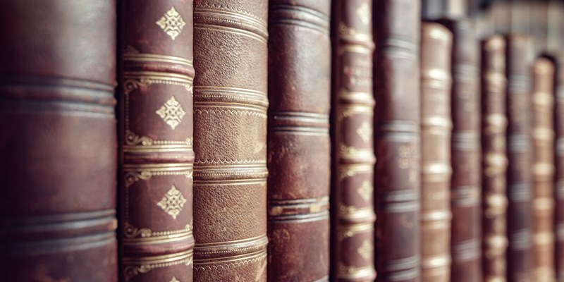 Old leather bound vintage books in a row - Image