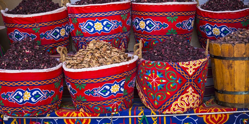 Traditional spices bazaar with herbs and spices in Aswan, Egypt. - Image